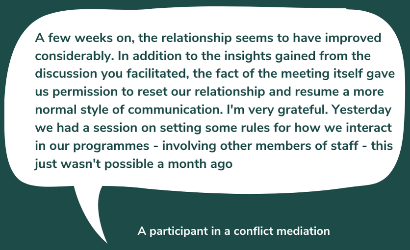 A speechbubble with a quote from a participant in a mediation. Can also be found on the What People Say About Us page.