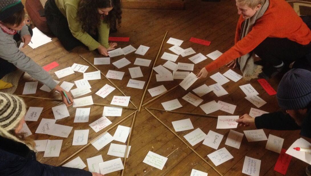 White cards with words on them lying in a pattern on a wooden floor. People kneeling around the edge of the pattern, pointing at some of the cards.